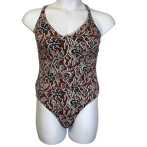 Womens NWT Burgundy Floral One-Piece Swimsuit Adjustable Strap Back Sz 10-12